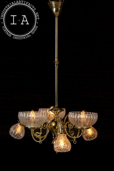 Vintage Brass Chandelier with Etched Glass Shades