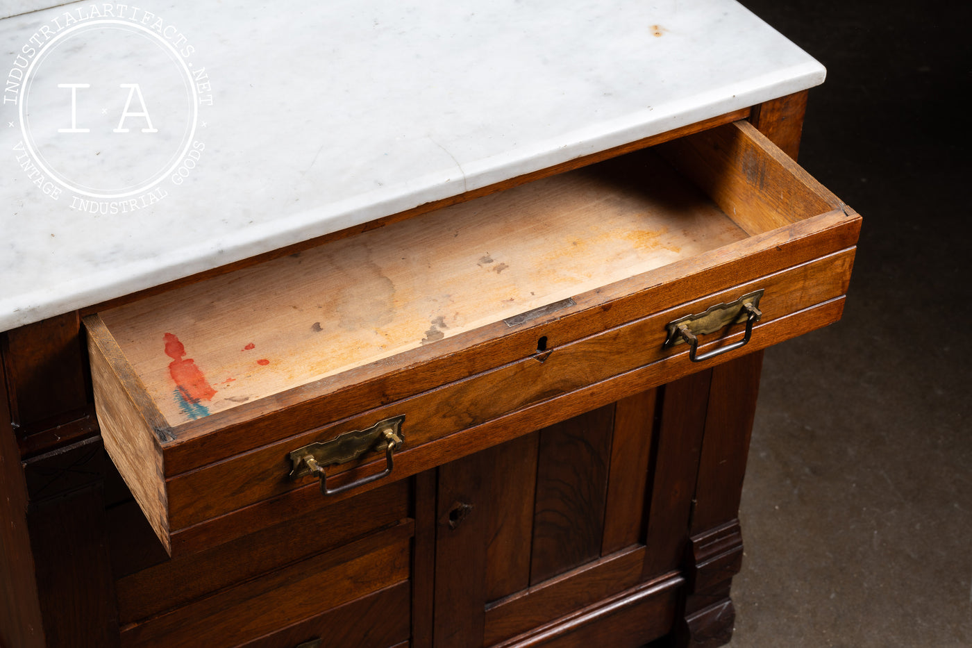 Late 19th Century Eastlake Victorian Walnut Commode Wash Stand with Marble Top