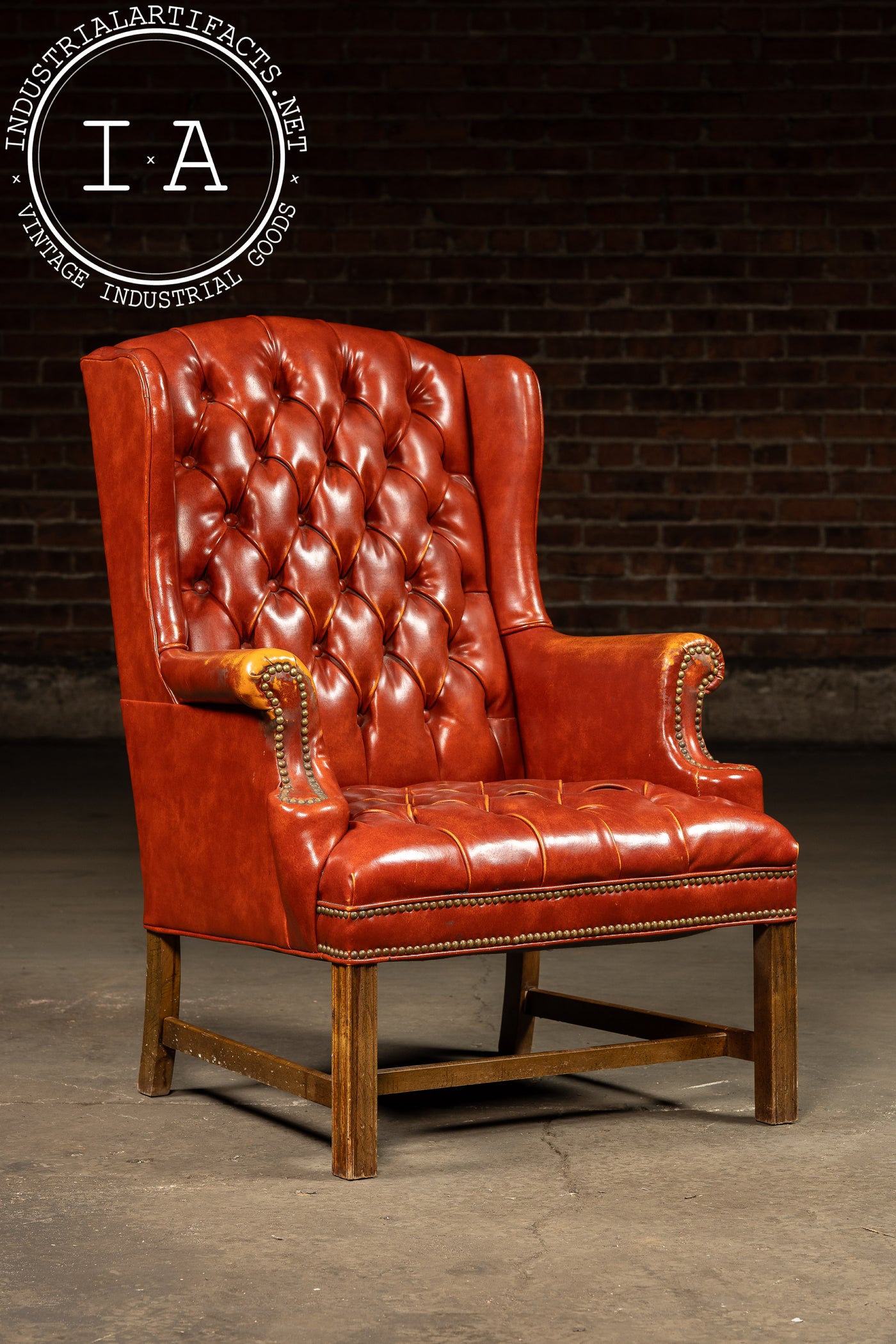 Vintage Wingback Tufted Armchair With Ottoman in Burnt Orange