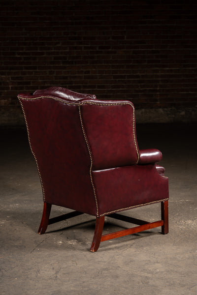 Tufted Leather Wingback Chesterfield Armchair with Ottoman in Oxblood