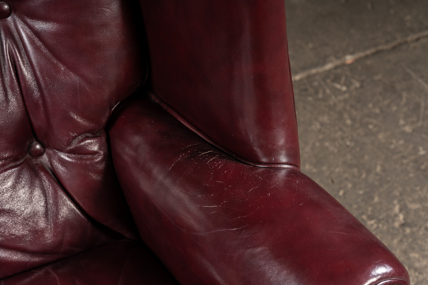 Tufted Leather Wingback Chesterfield Armchair with Ottoman in Oxblood