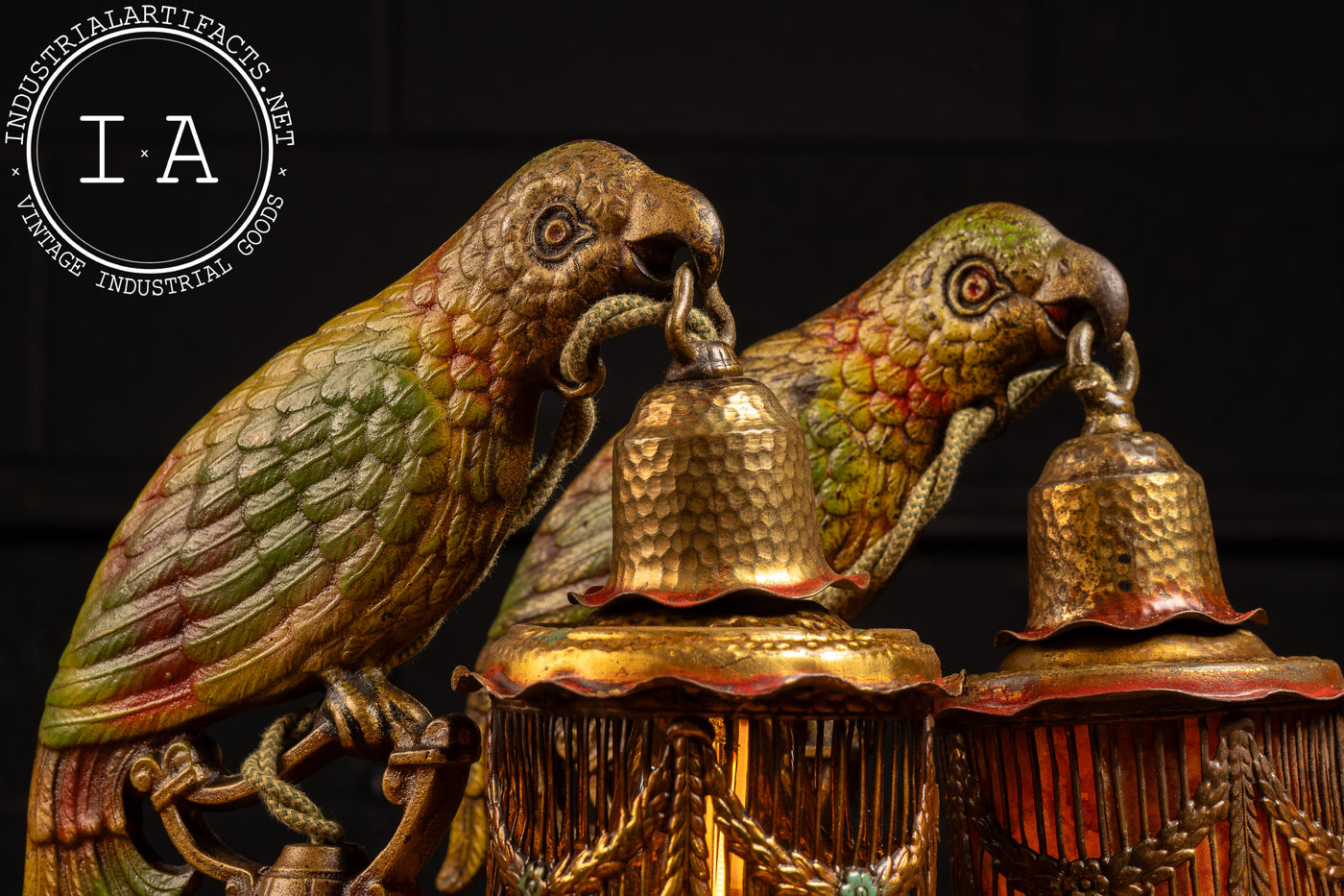 Pair of Antique Art Deco Cold-Painted Brass Parrot Lamps