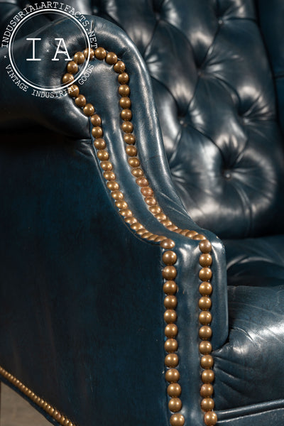 Vintage Tufted Leather Chesterfield Wingback Armchair in Blue