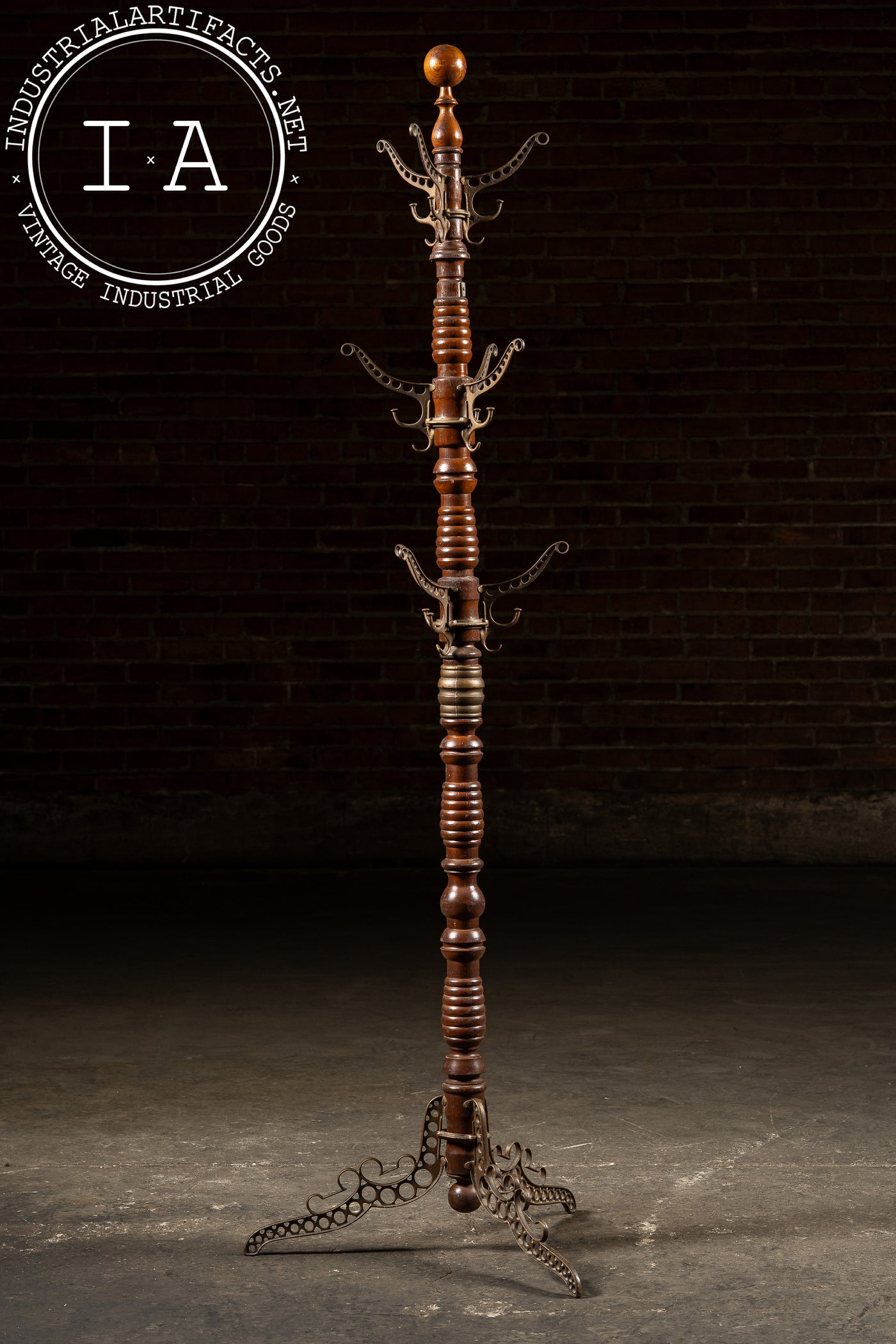 Late 19th Century Turned Oak and Cast Iron Coat Tree by Udell Works