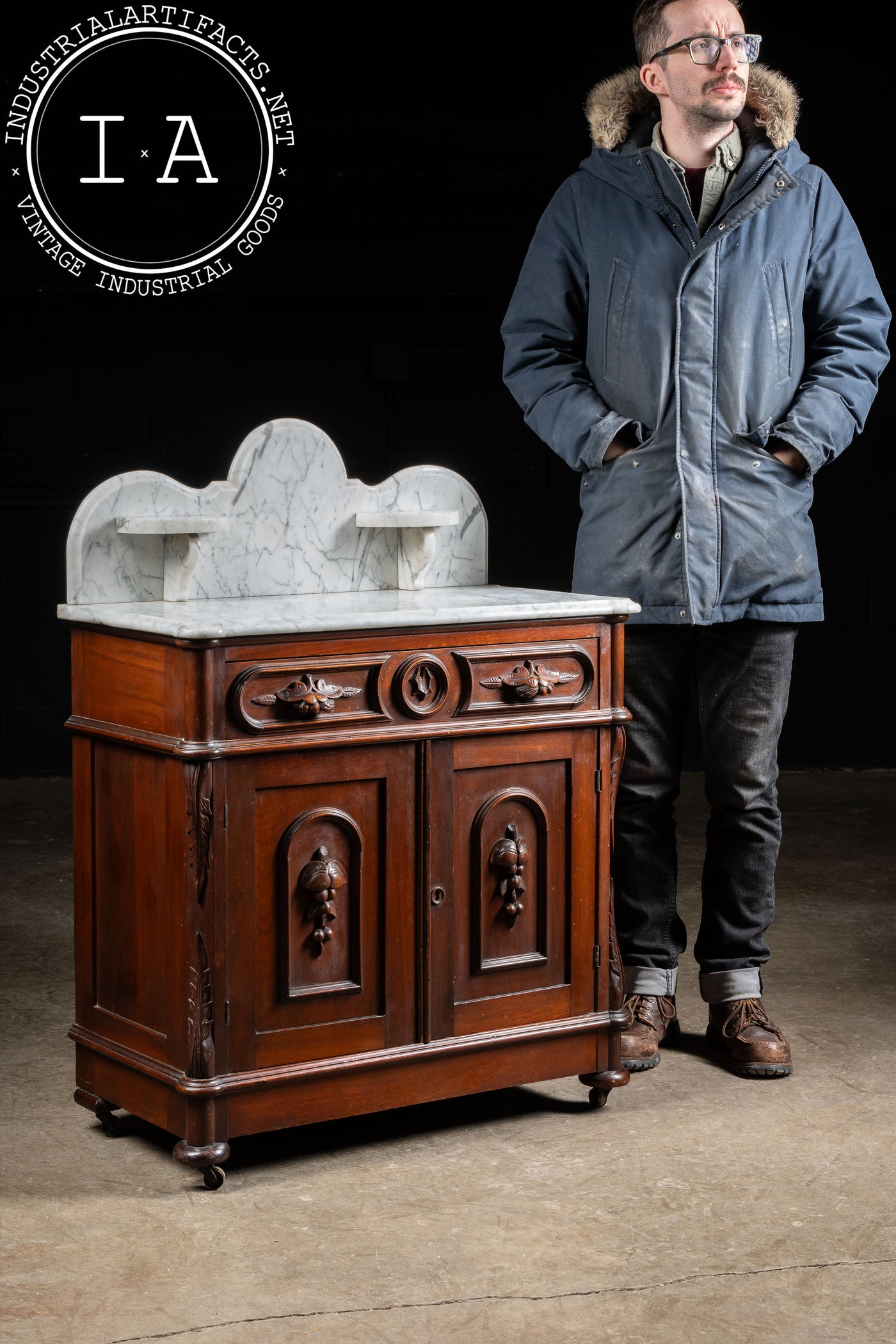 Late 19th Century Eastlake Victorian Walnut Commode Wash Stand with Marble Top