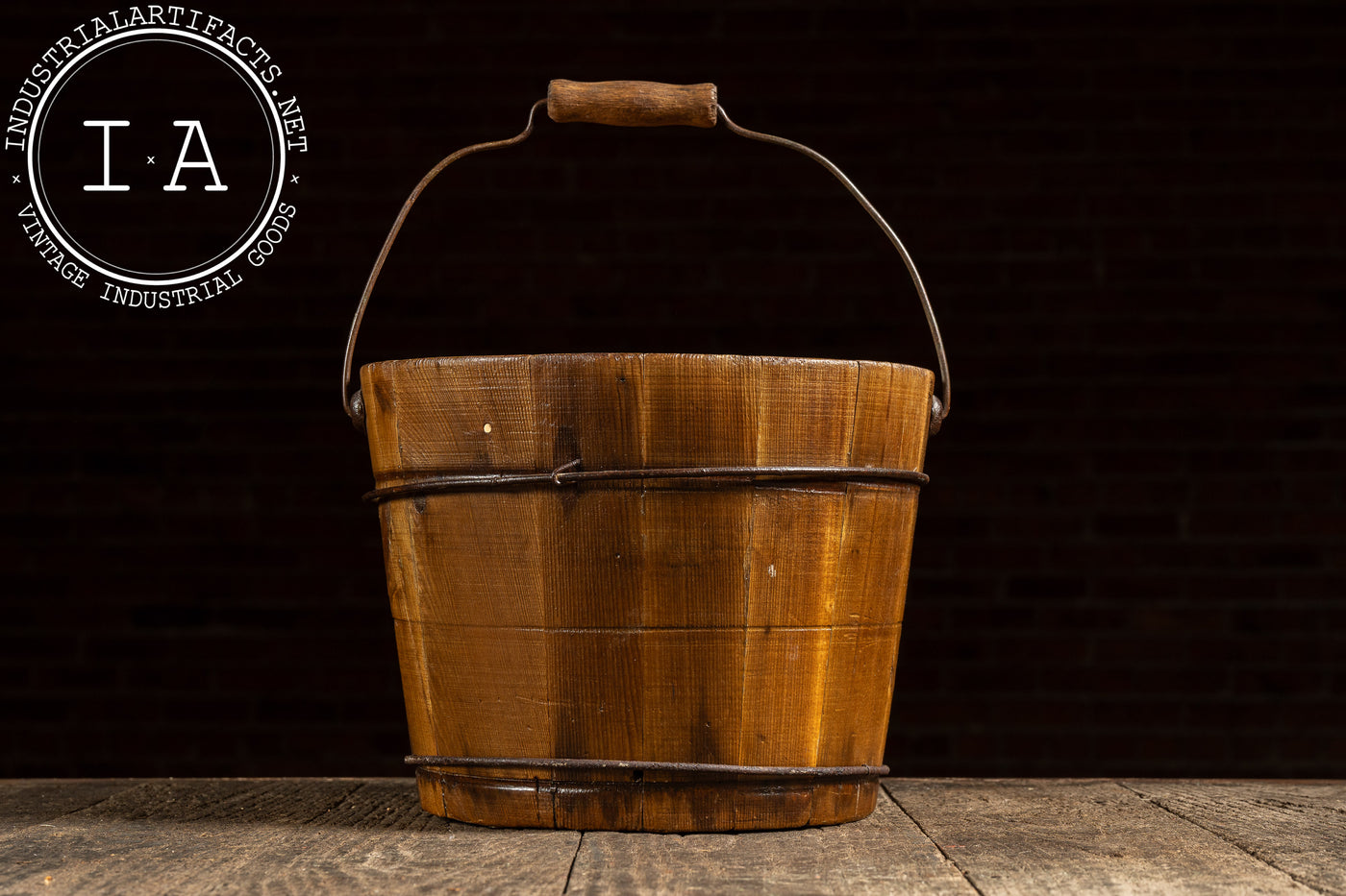 Antique Wooden Water Bucket with Wire Hoops