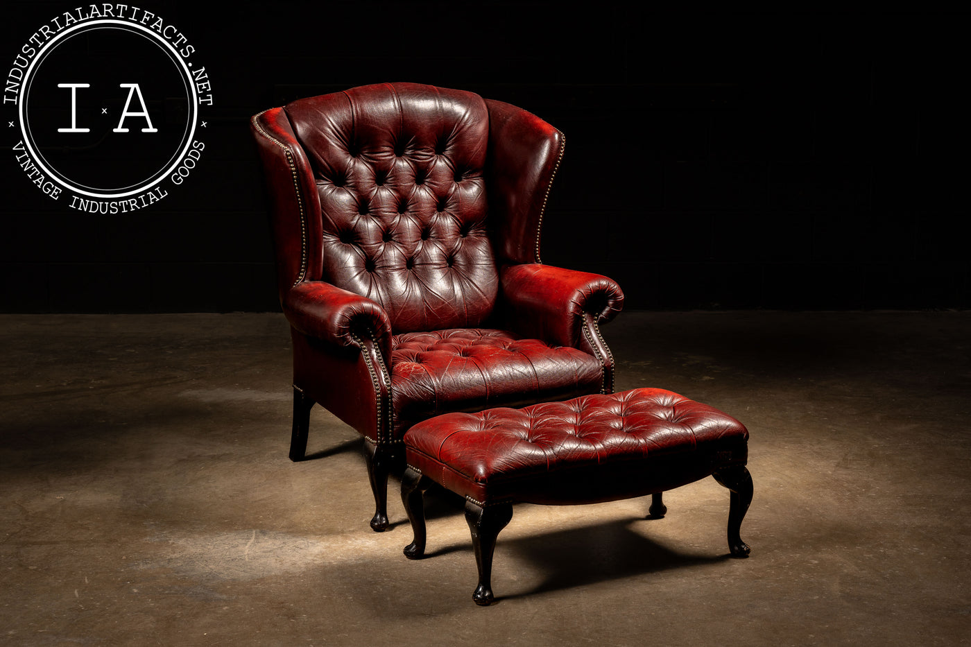 Wingback Oxblood Armchair with Ottoman