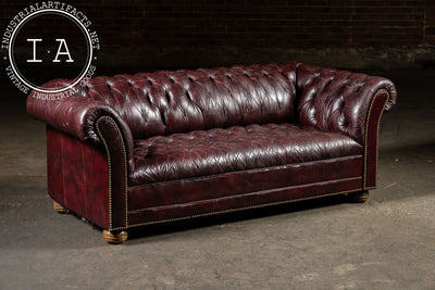 Deep Oxblood Leather Chesterfield Sofa with Nailhead Trim