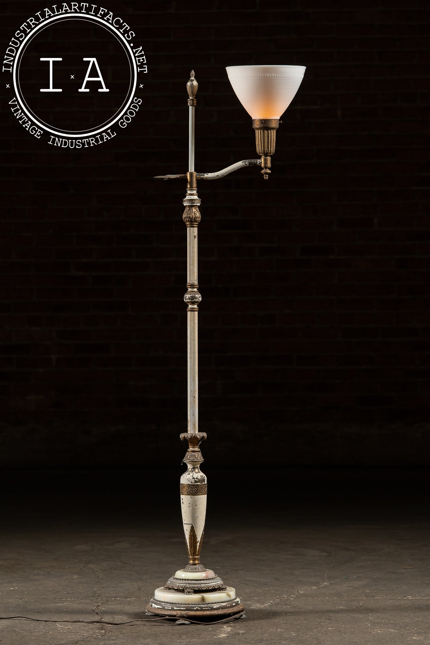 Antique Bridge Arm Floor Lamp with Milk Glass Shade