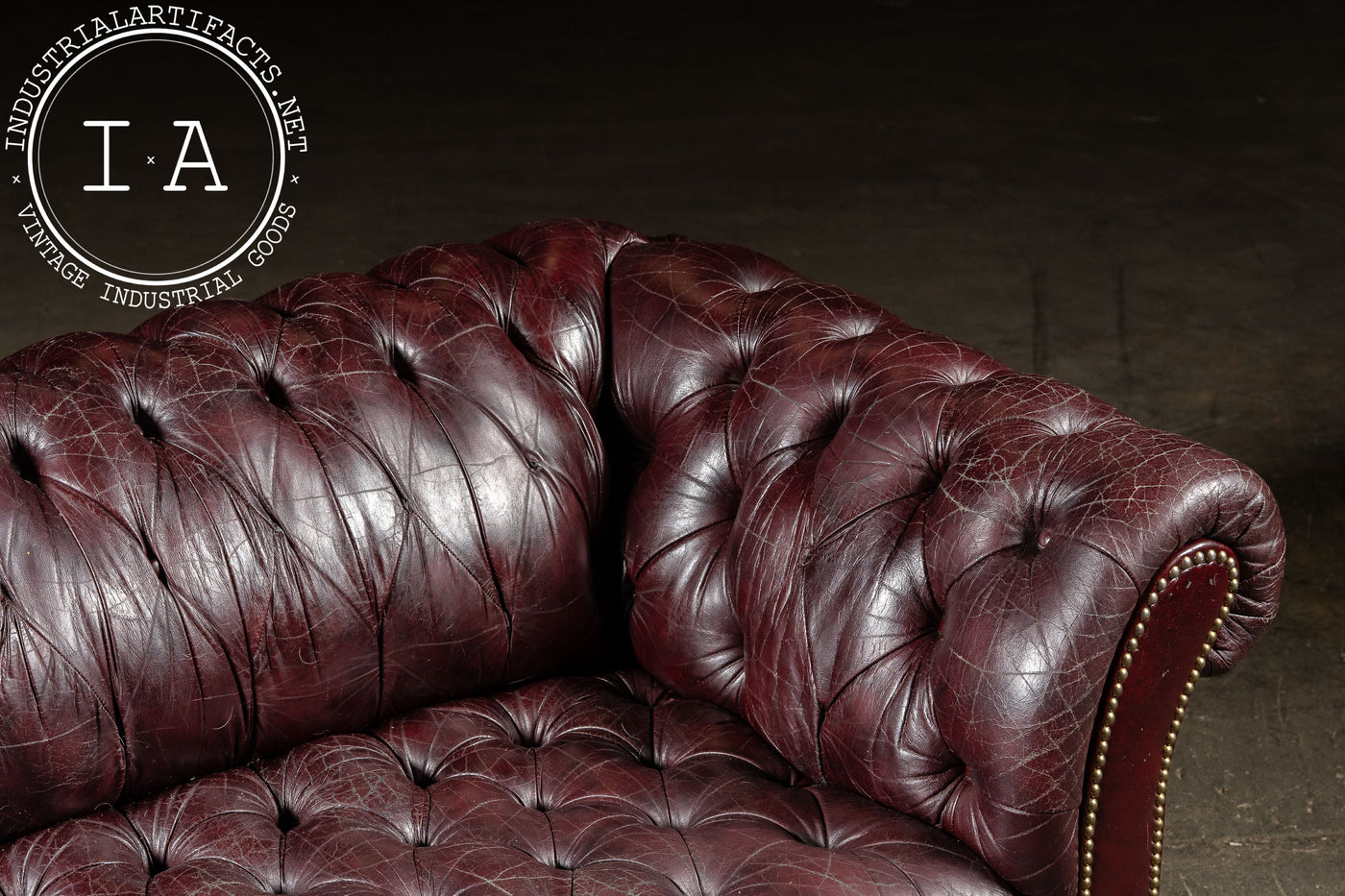 Deep Oxblood Leather Chesterfield Sofa with Nailhead Trim