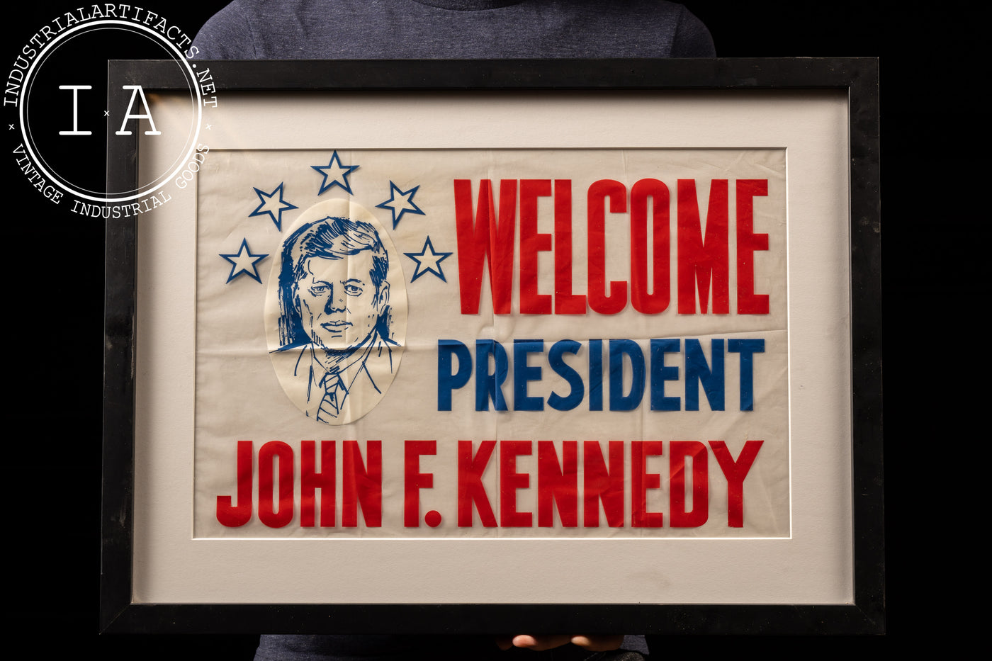 Vintage Framed JFK Campaign Vinyl Window Sign