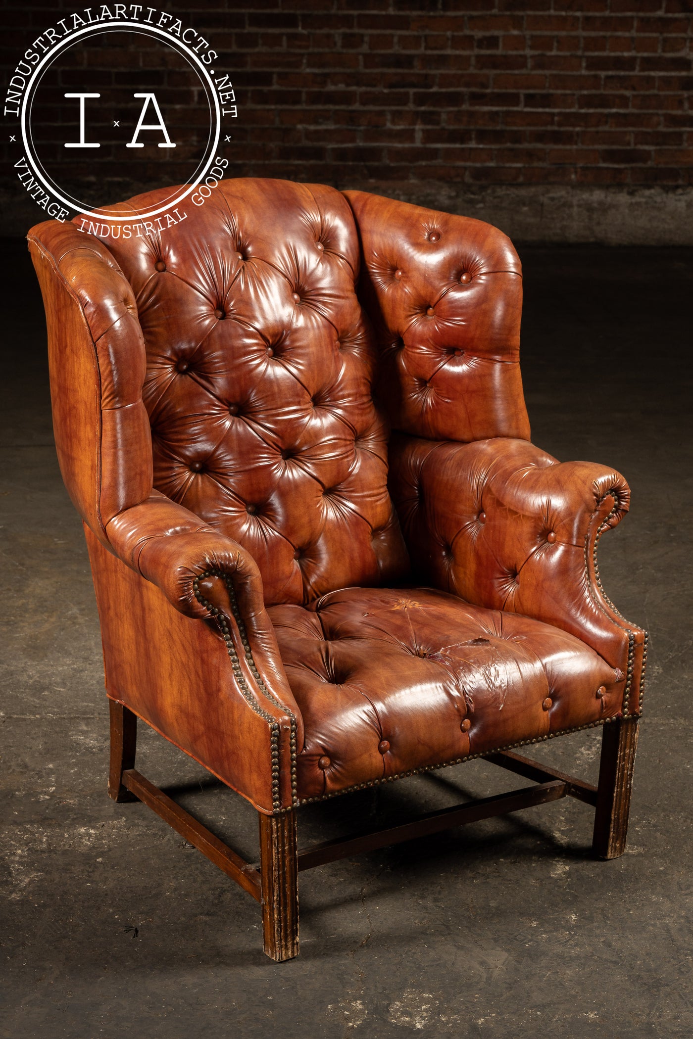 Tufted Vinyl Chesterfield Wingback Armchair in Brown