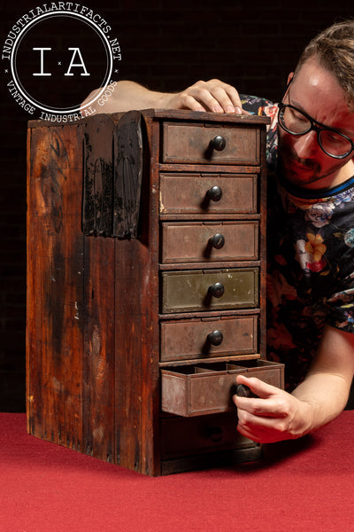 Early Wooden Parts Cabinet with Metal Drawers