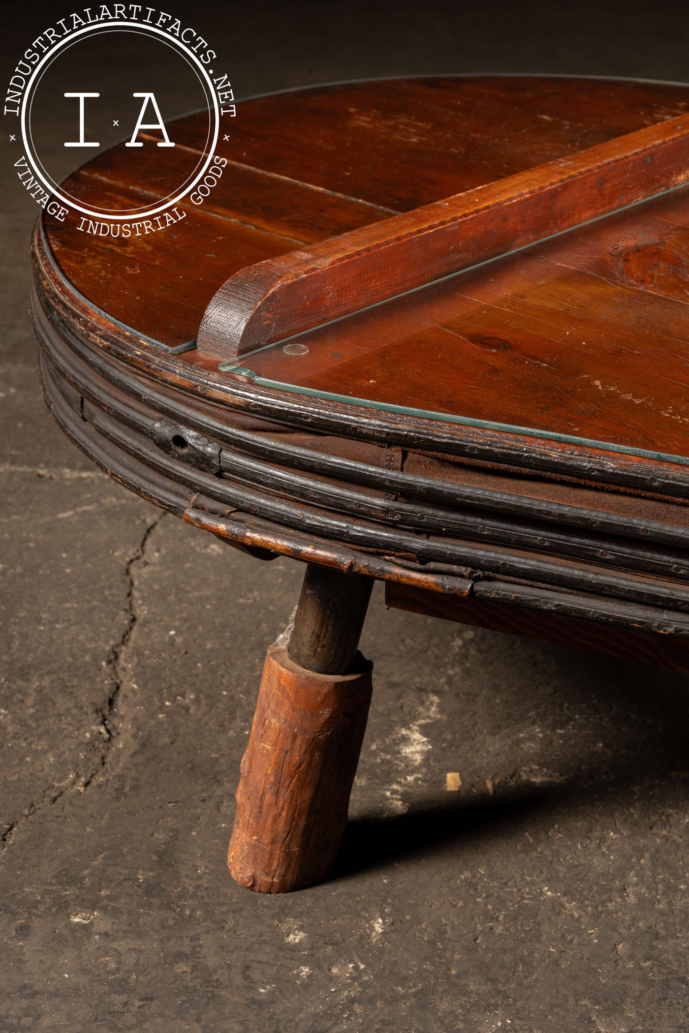 Antique Oversize Industrial Bellows Coffee Table with Glass Top
