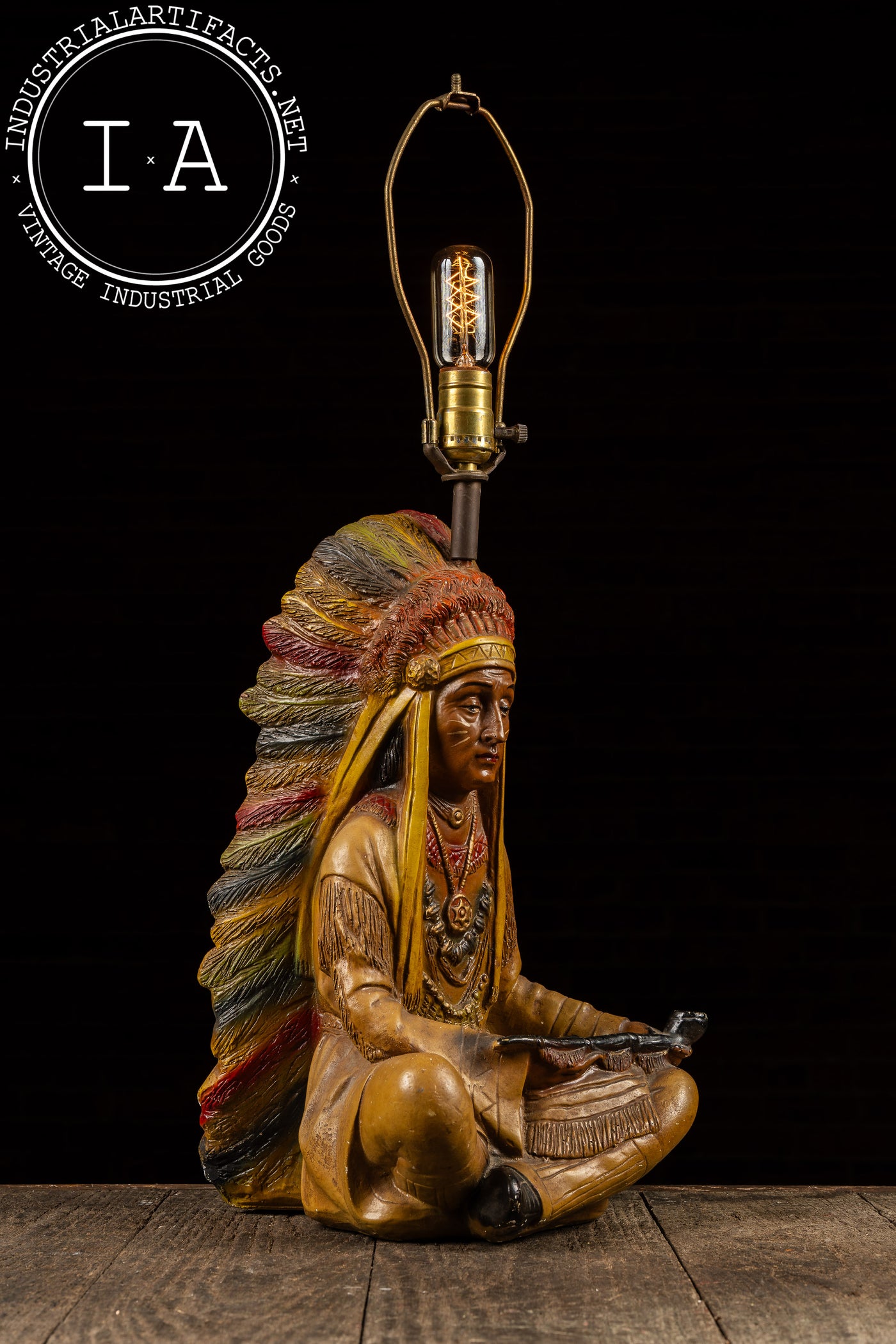 Vintage Chalkware Native American Peace Pipe Lamp Base