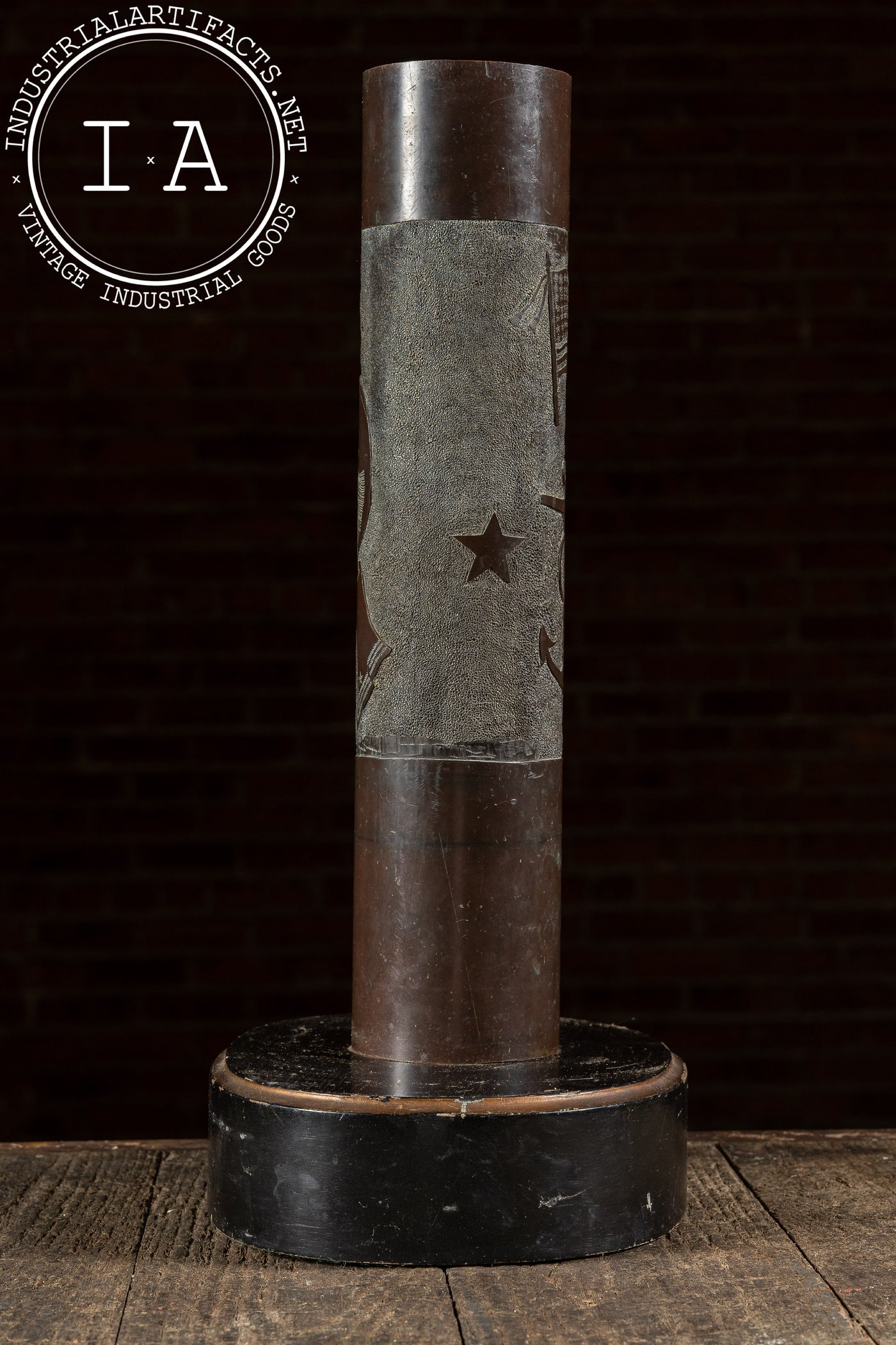 WWI-Era Engraved Trench Art Shell Casing Vase on Base