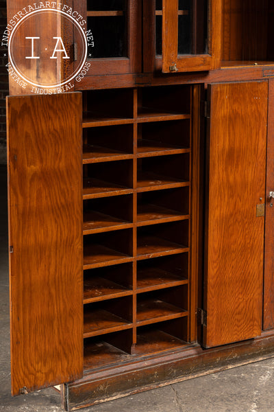 Antique Massive Oak Cabinet with Glass Doors and Interior Cubbies