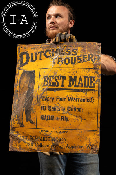 Early 20th Century Embossed Tin Litho Dutchess Trousers Advertising Sign