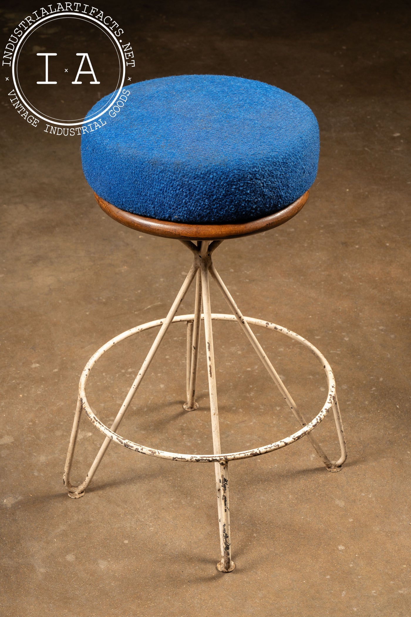 Mid-Century Iron and Oak Barstool with Upholstered Cushion