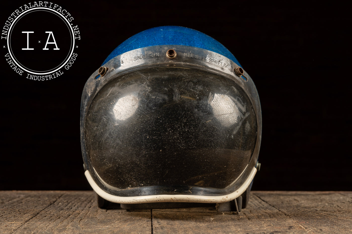 Vintage Motorcycle Helmet with Snap-On Bubble Shield in Metallic Blue
