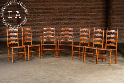 Set Of Seven Mid-Century French Country Ladder Back Chairs with Rush Seats