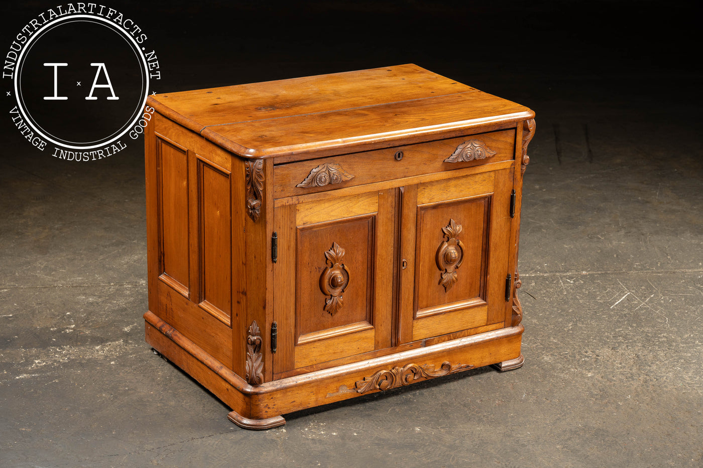 Antique Carved Wooden Lowboy Storage Cabinet
