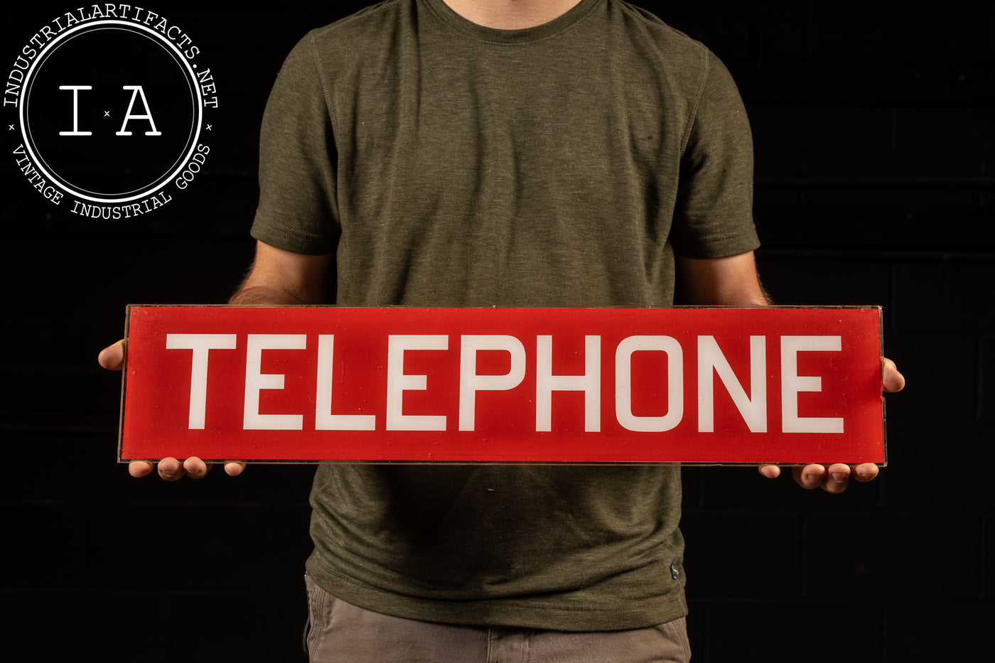 Vintage Glass Payphone Sign in Red