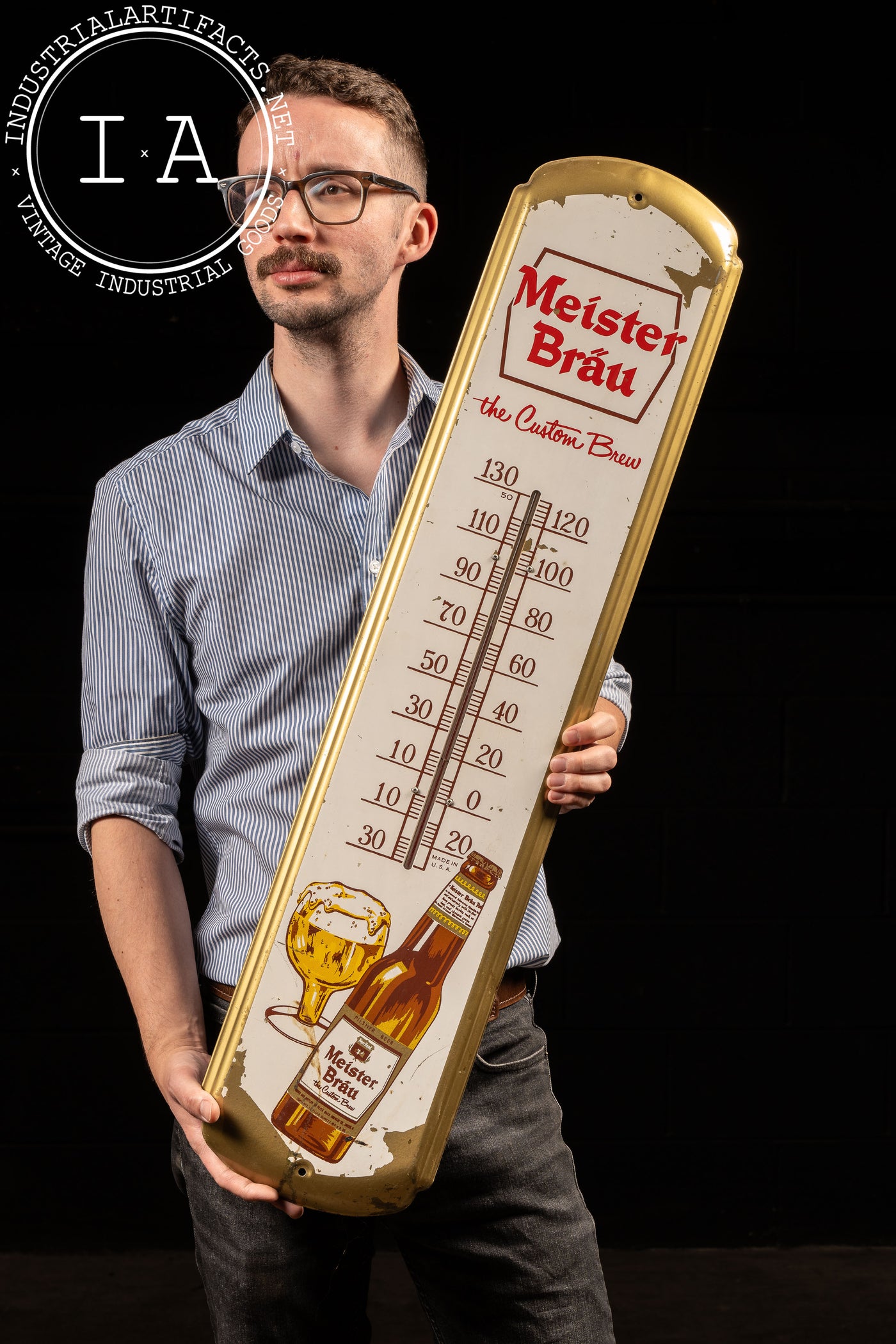 Vintage Meister Bräu Tin Litho Advertising Thermometer