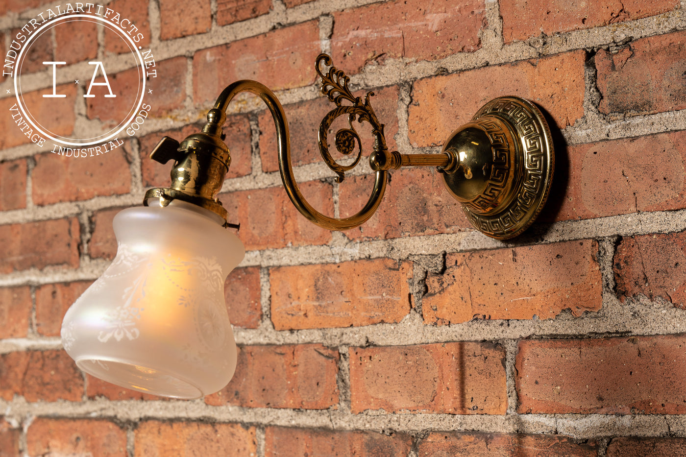 Early 20th Century Brass Wall Sconce with Etched Glass Shade