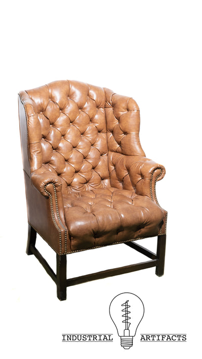 Vintage Tufted Leather Wingback Armchairs in Burnt Amber