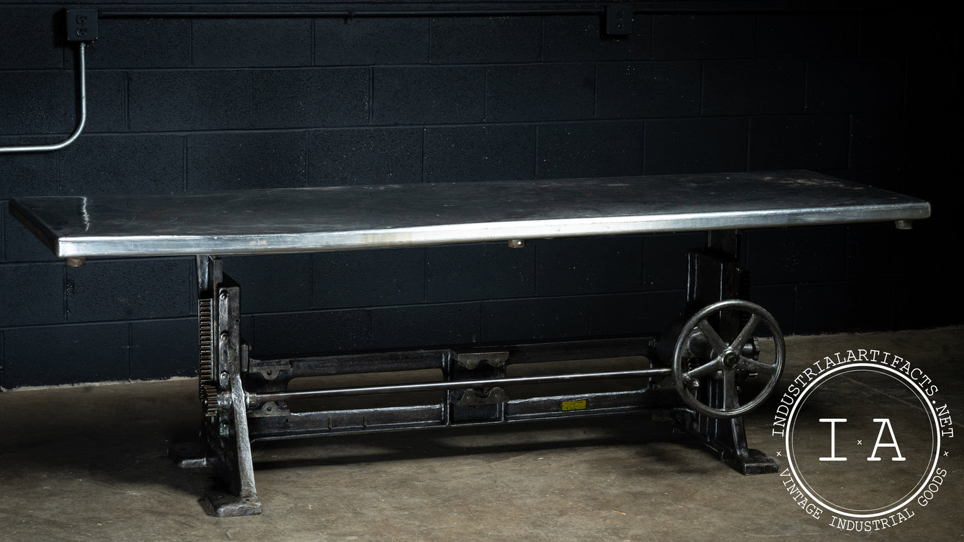 Antique Industrial Crank Base Table with Stainless Steel Top