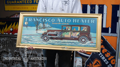 Antique Self Framed Tin Litho Francisco Auto Heater 1920s Painted Sign