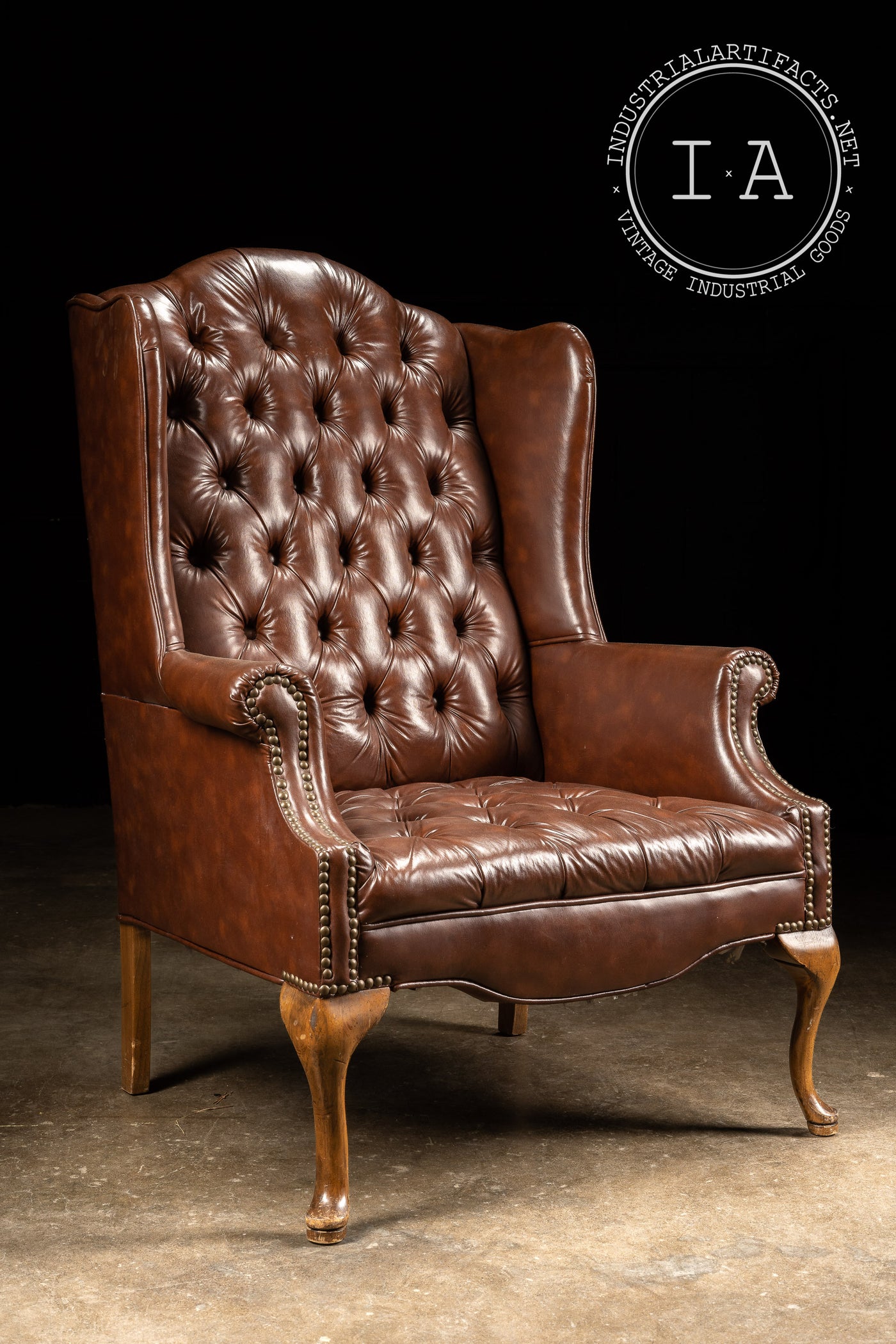 Vintage Wingback Tufted Leather Chair in Brown
