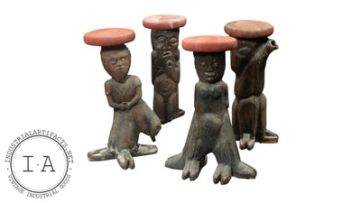 Antique 1930s Figural Wooden Carved Tiki Barstools - Set Of Four
