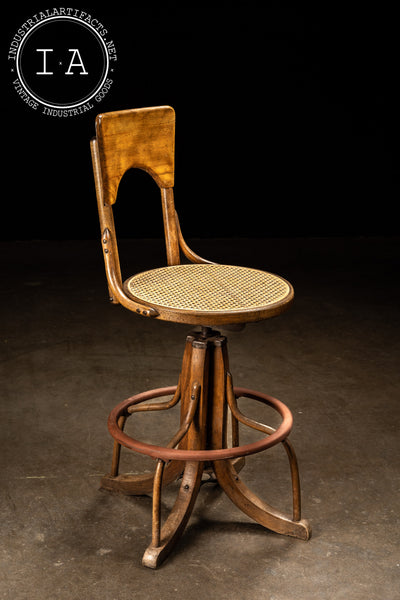 c. 1920 Bentwood and Rattan Drafting Stool