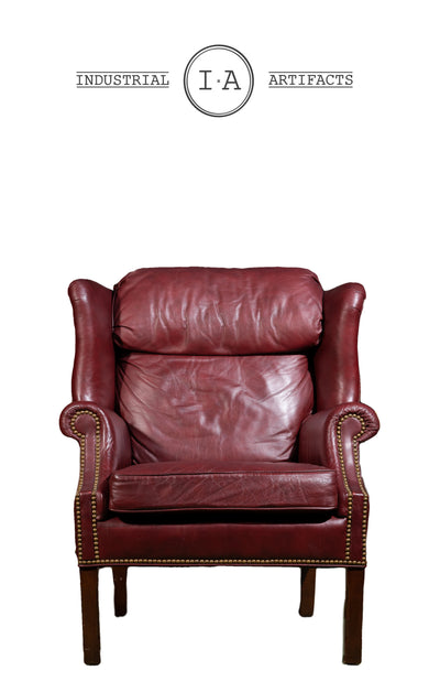 Wingback Leather Armchair With Ottoman In Burgundy