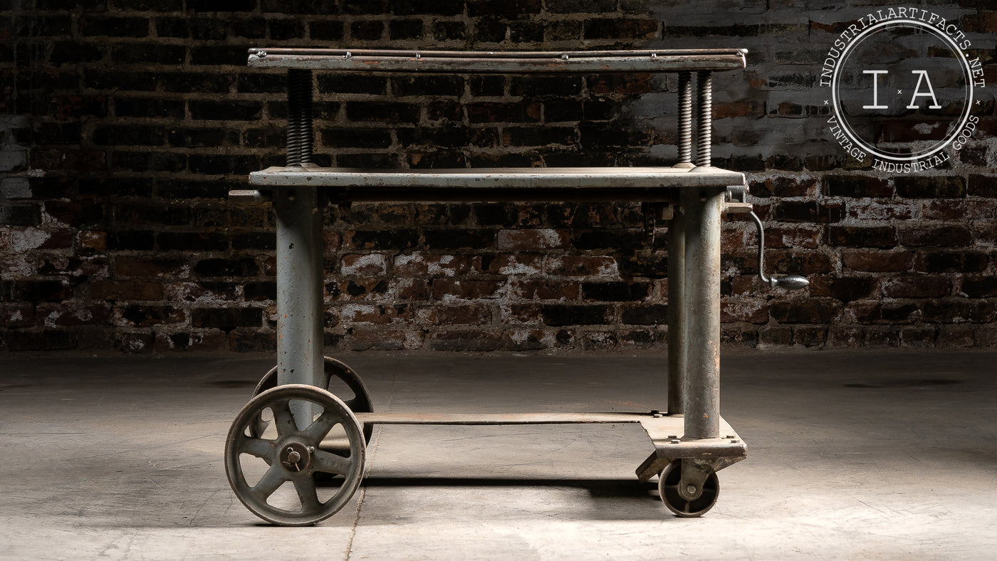 Antique Industrial Metal Rolling Cart With Crank Base