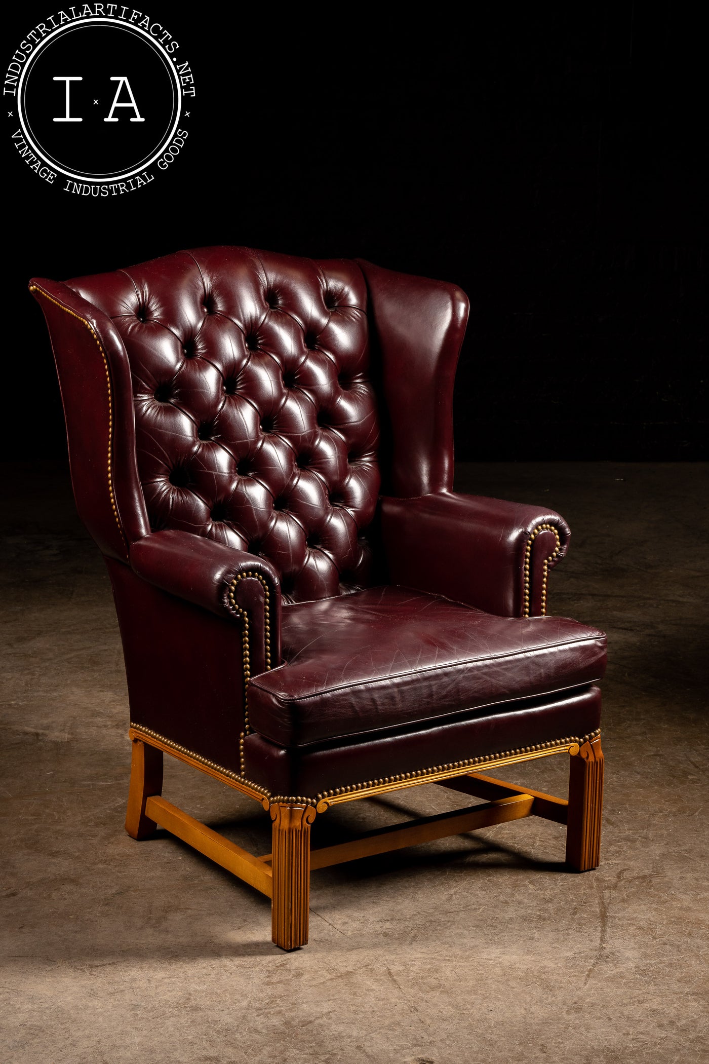 Vintage Tufted Leather Wingback Armchair in Burgundy
