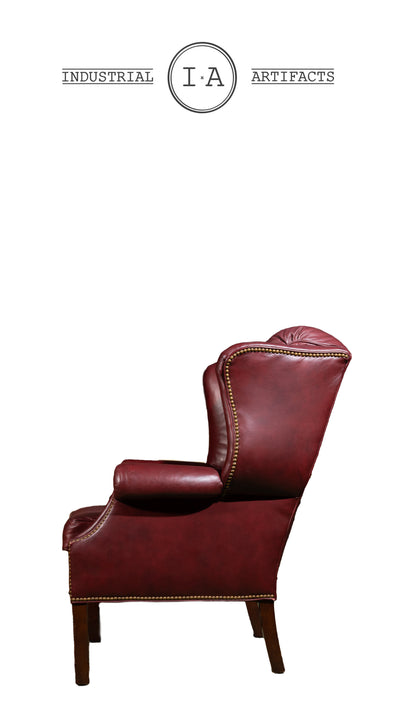 Wingback Leather Armchair With Ottoman In Burgundy