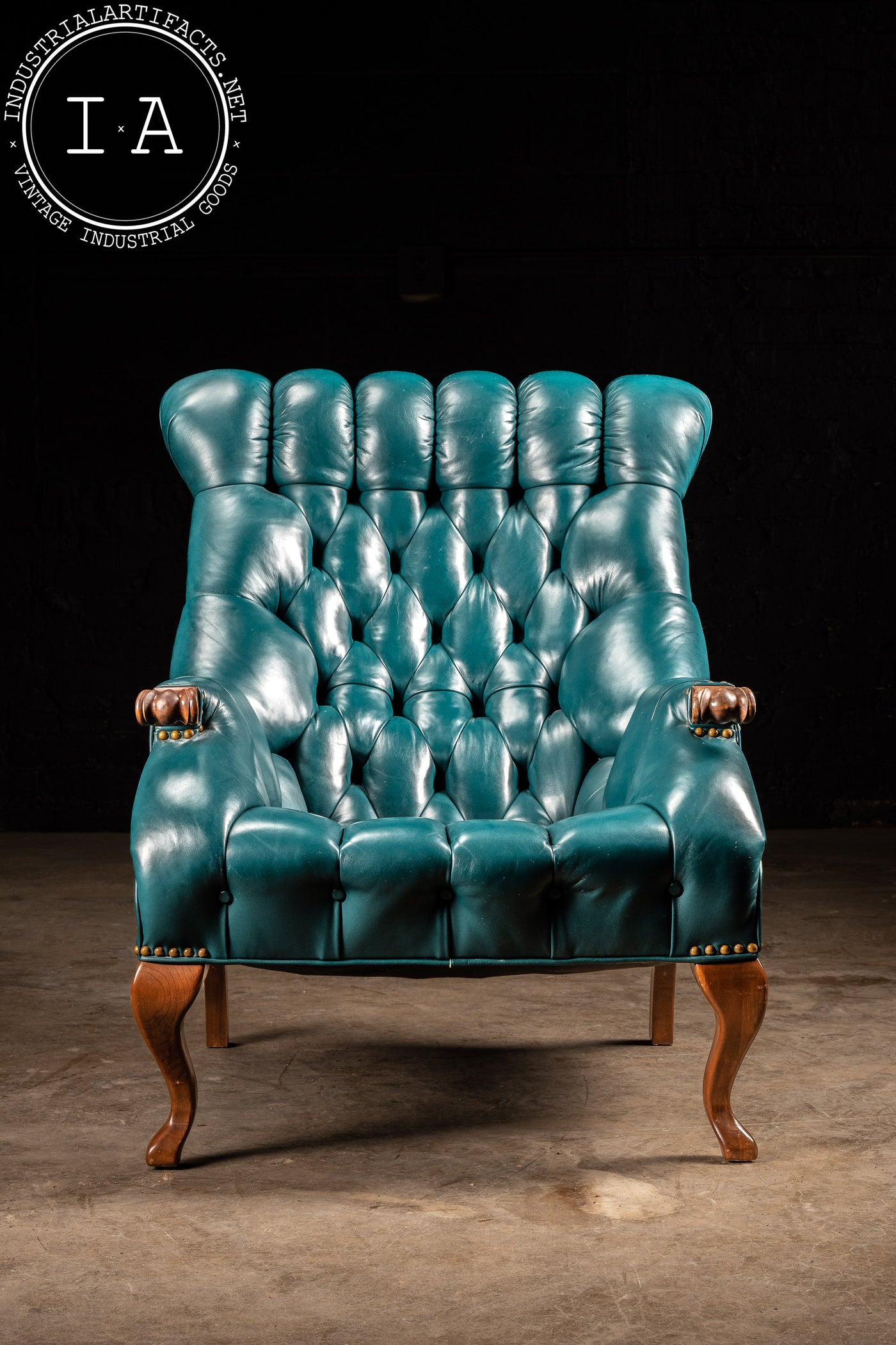 Vintage Tufted Leather Armchair in Teal with Ottoman