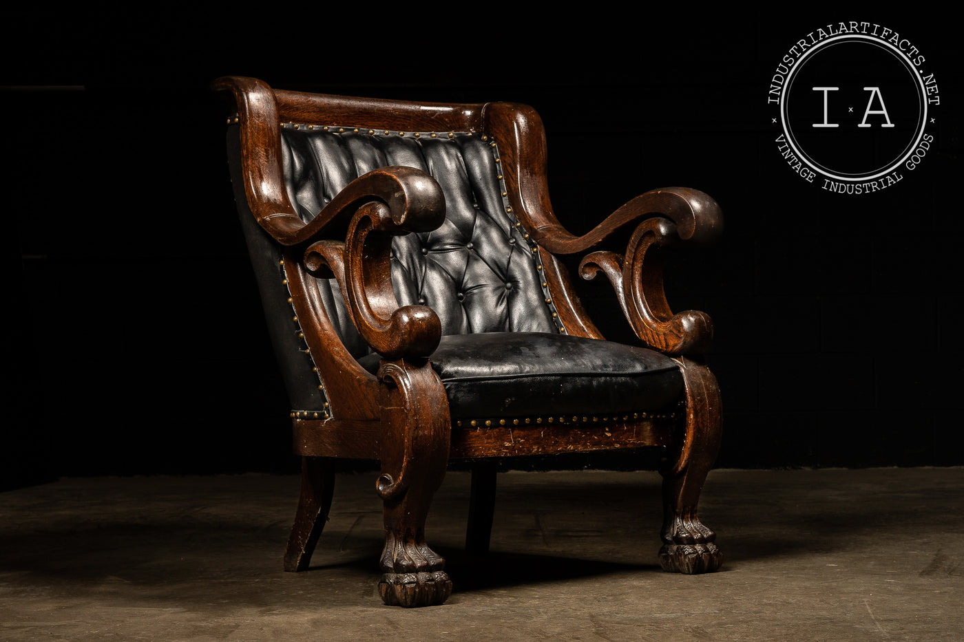 Antique Tufted Leather Clawfoot Armchair