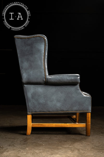 Queen Anne Style Wingback Leather Chair in Blue