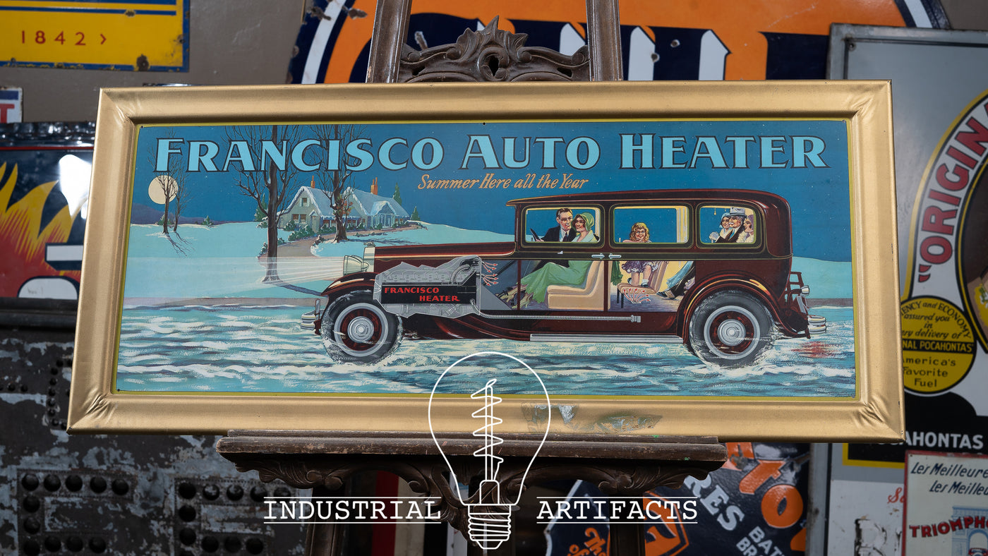Antique Self Framed Tin Litho Francisco Auto Heater 1920s Painted Sign
