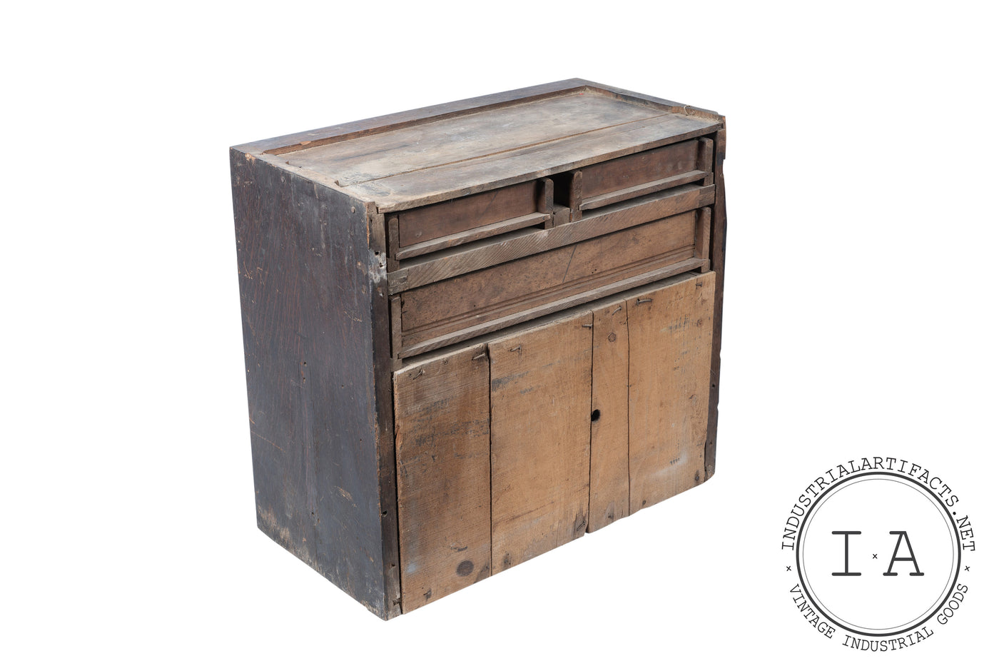 Early Handmade Wooden Tool Cabinet With Spring Loaded Drawers