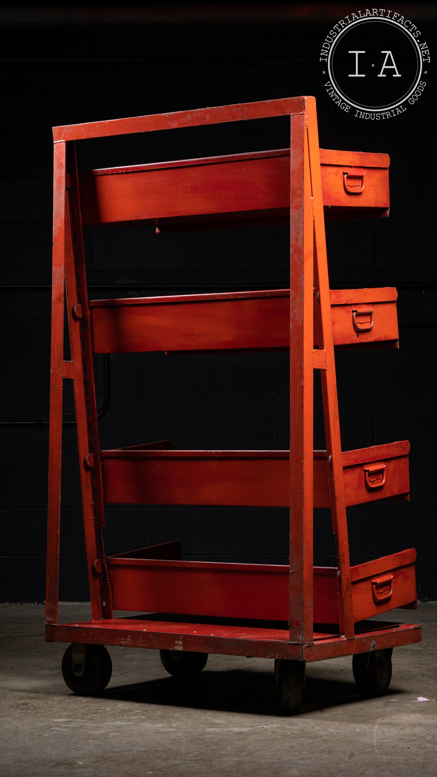 Industrial Antique Rolling Storage Cart With Removable Bins in Red