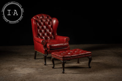 Antique Tufted Leather Armchair in Red with Ottoman