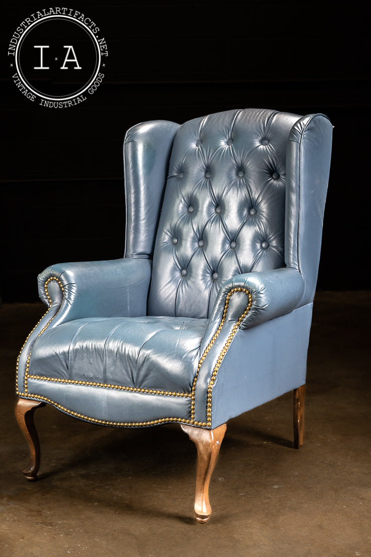 Vintage Wingback Tufted Leather Armchair in Blue