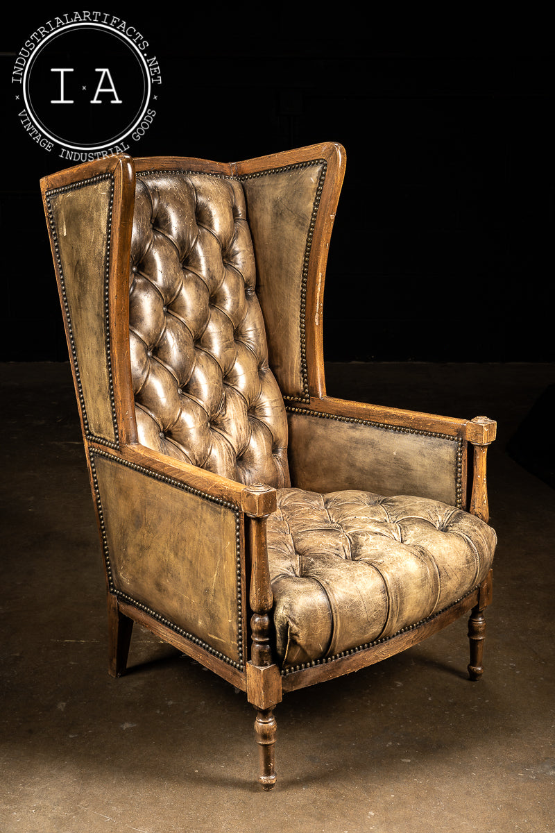 Early 20th Century Tufted Wingback Chair in Olive