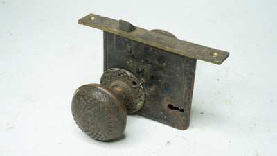 Antique Ornate Late 1800s Door Knob And Latch Set With Patina