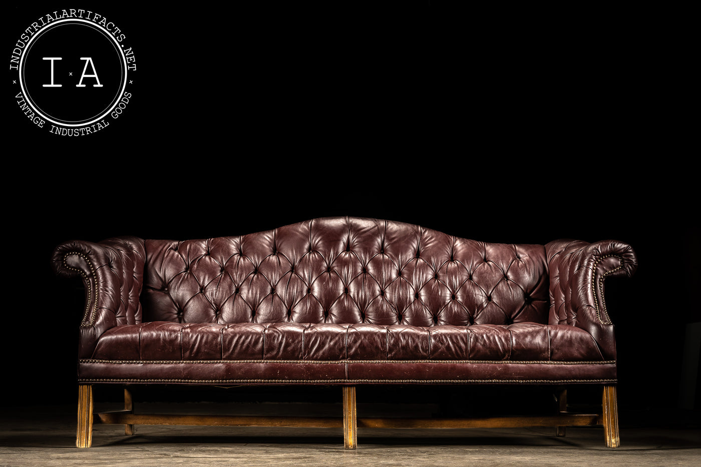 Vintage Chippendale Burgundy Tufted Leather Sofa